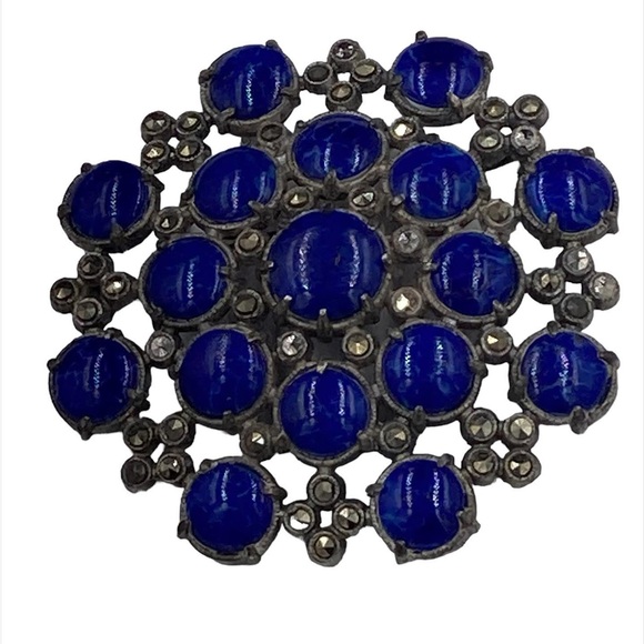 Vintage 1930’s Pot Metal Lapis Glass Marcasite Brooch - Picture 1 of 4